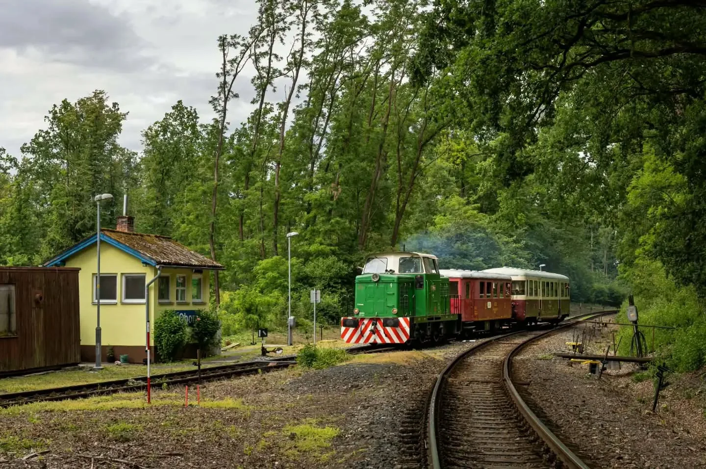 Zelená lokomotiva 710.866 vede historické osobní vozy po trati v zalesněné krajině.